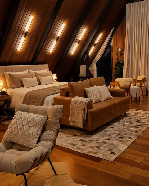 A cama king e o sofá sob o telhado de madeira, com as luzes acesas